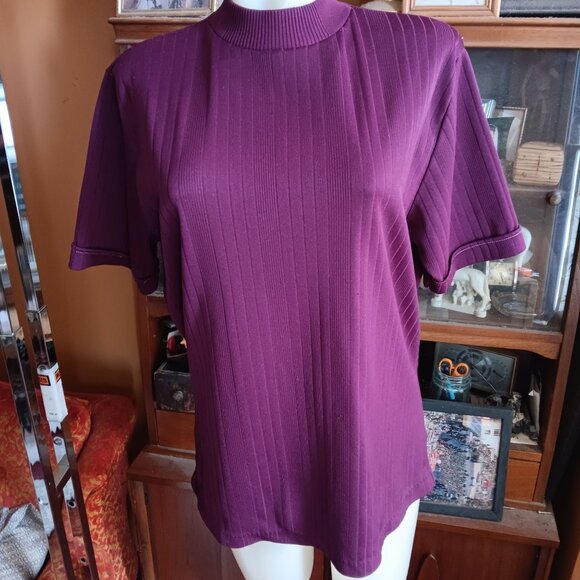 XL Vintage Purple Ribbed Short-Sleeve Mock Neck Blouse 1970's Single Stitch Plum - Picture 3 of 8